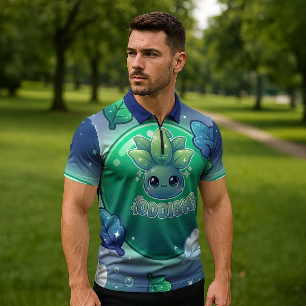 Oddish Zipper Polo Shirt Whimsical Kawaii Botanical Fantasy