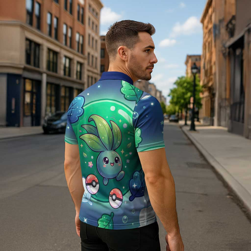 Oddish Zipper Polo Shirt Whimsical Kawaii Botanical Fantasy