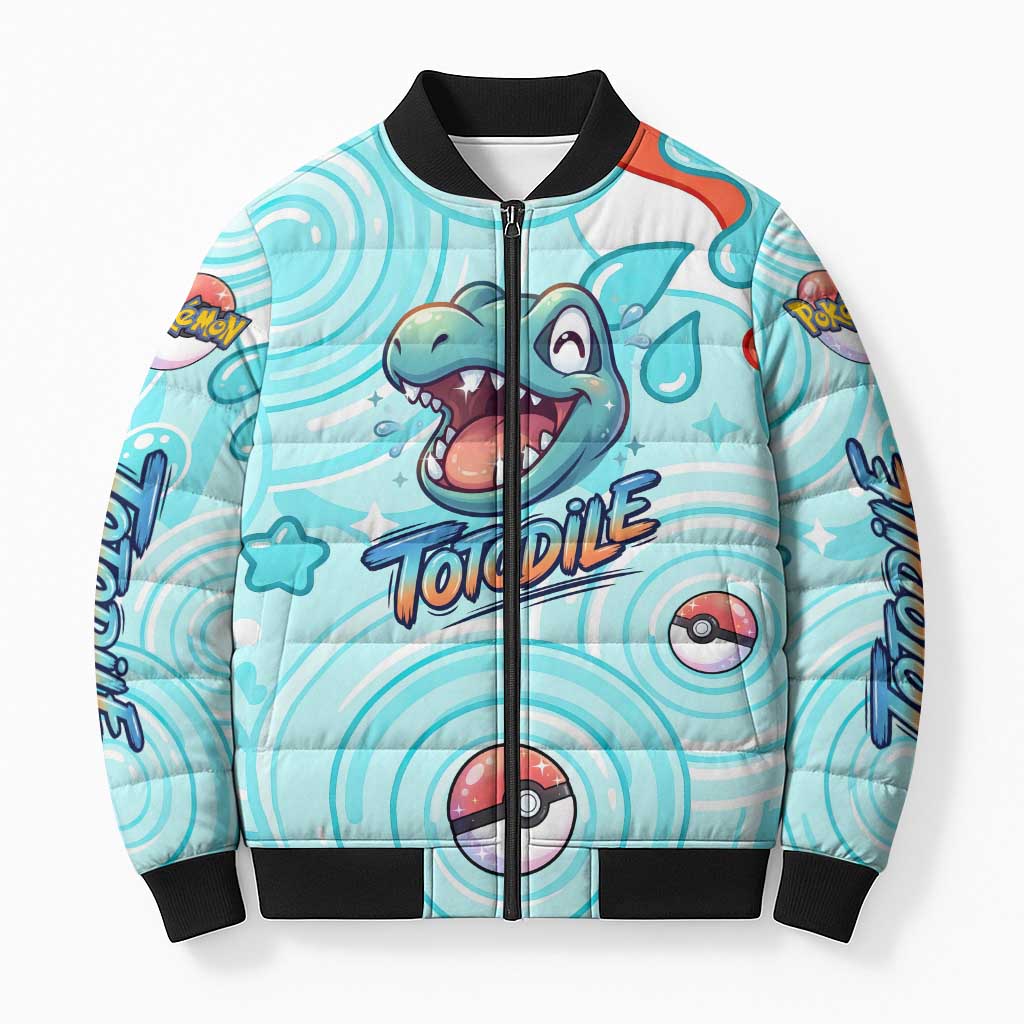 Totodile Bomber Puffer Jacket Vibrant Kawaii Splash Pop Art