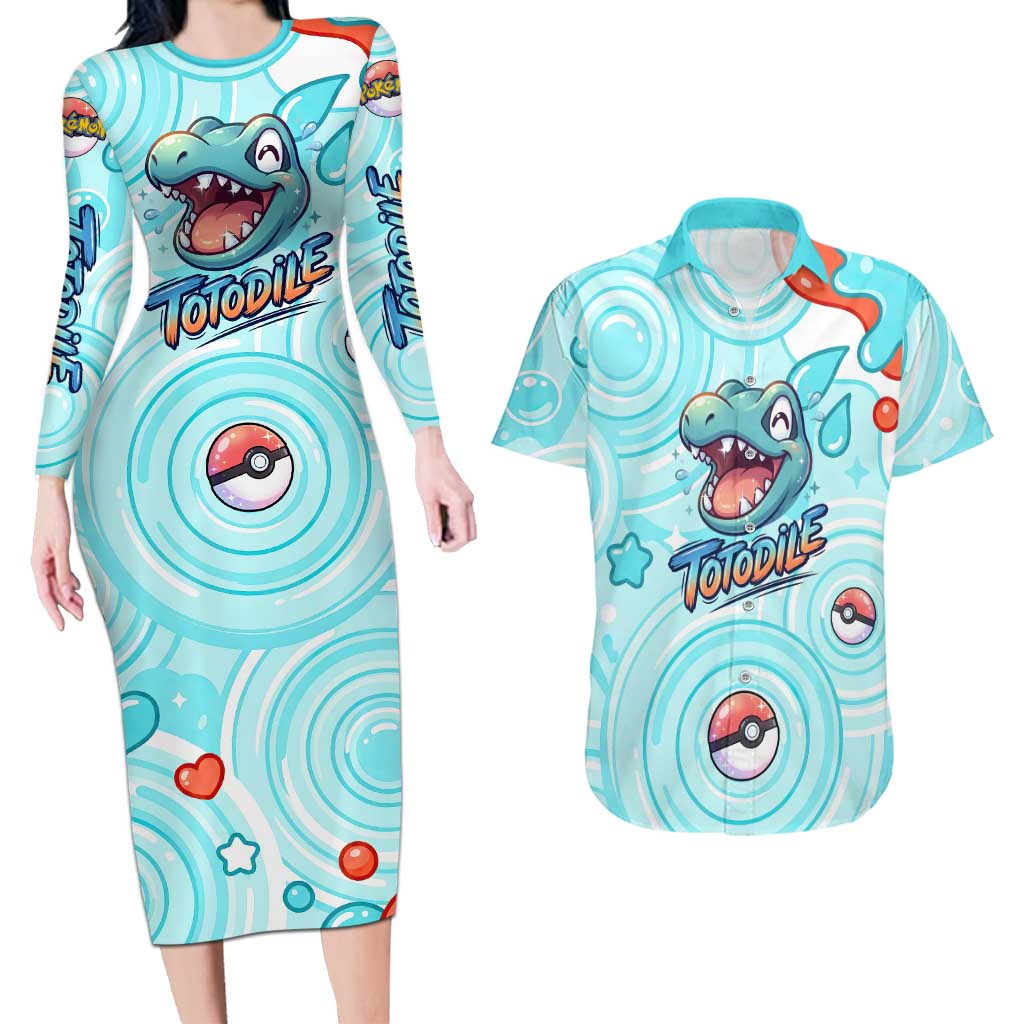 Totodile Couples Matching Long Sleeve Bodycon Dress and Hawaiian Shirt Vibrant Kawaii Splash Pop Art