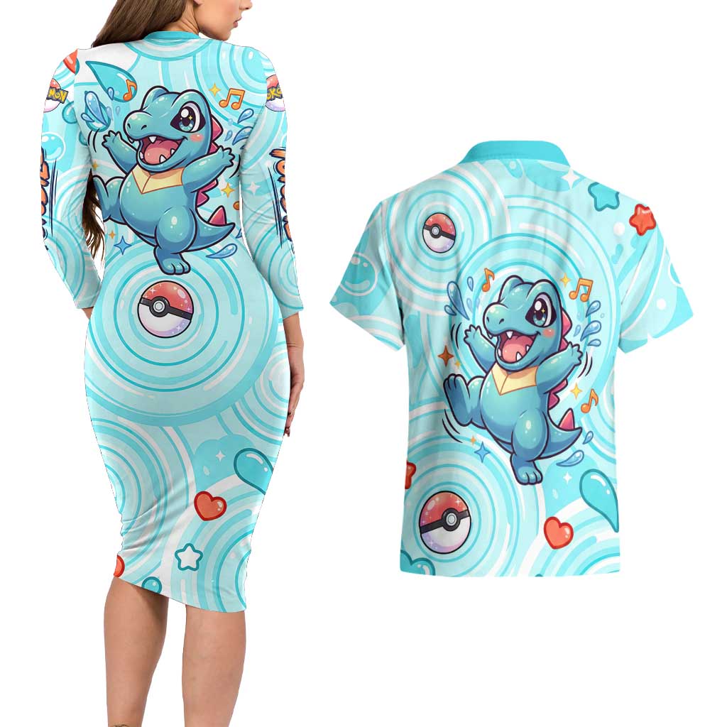 Totodile Couples Matching Long Sleeve Bodycon Dress and Hawaiian Shirt Vibrant Kawaii Splash Pop Art