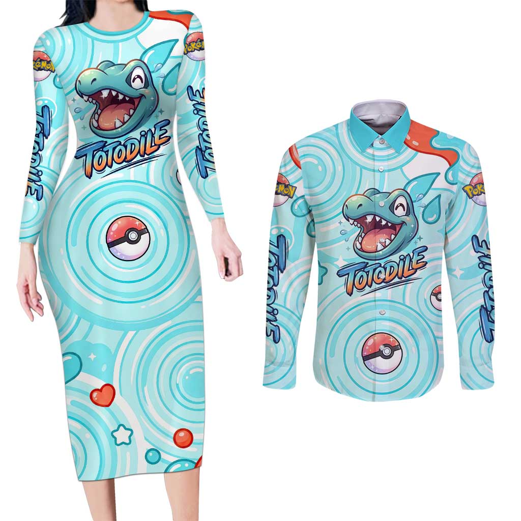 Totodile Couples Matching Long Sleeve Bodycon Dress and Long Sleeve Button Shirt Vibrant Kawaii Splash Pop Art