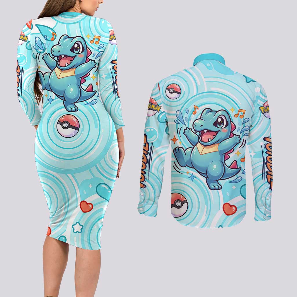 Totodile Couples Matching Long Sleeve Bodycon Dress and Long Sleeve Button Shirt Vibrant Kawaii Splash Pop Art