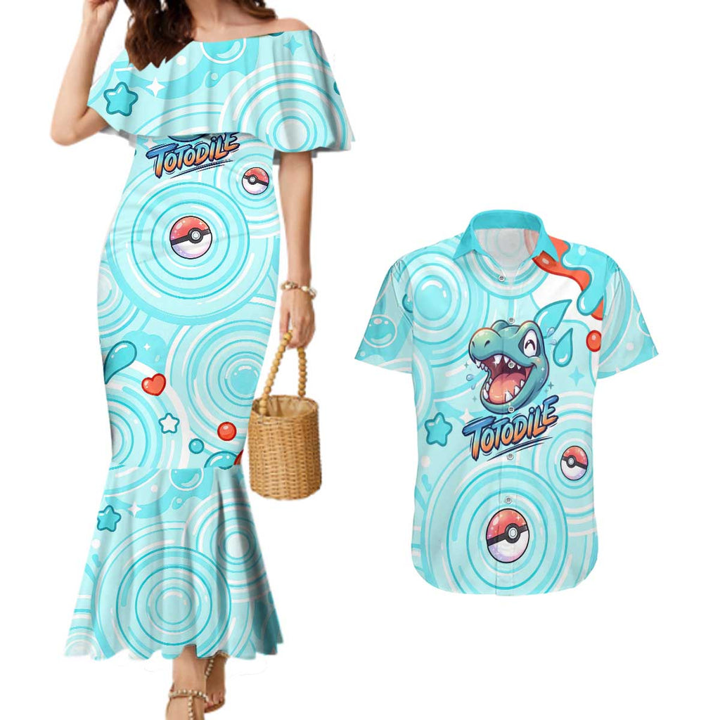 Totodile Couples Matching Mermaid Dress and Hawaiian Shirt Vibrant Kawaii Splash Pop Art