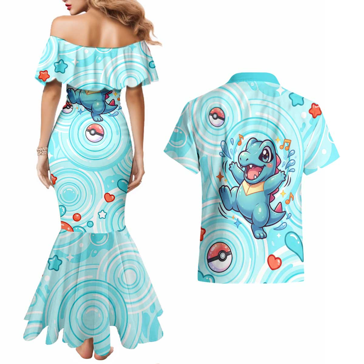 Totodile Couples Matching Mermaid Dress and Hawaiian Shirt Vibrant Kawaii Splash Pop Art