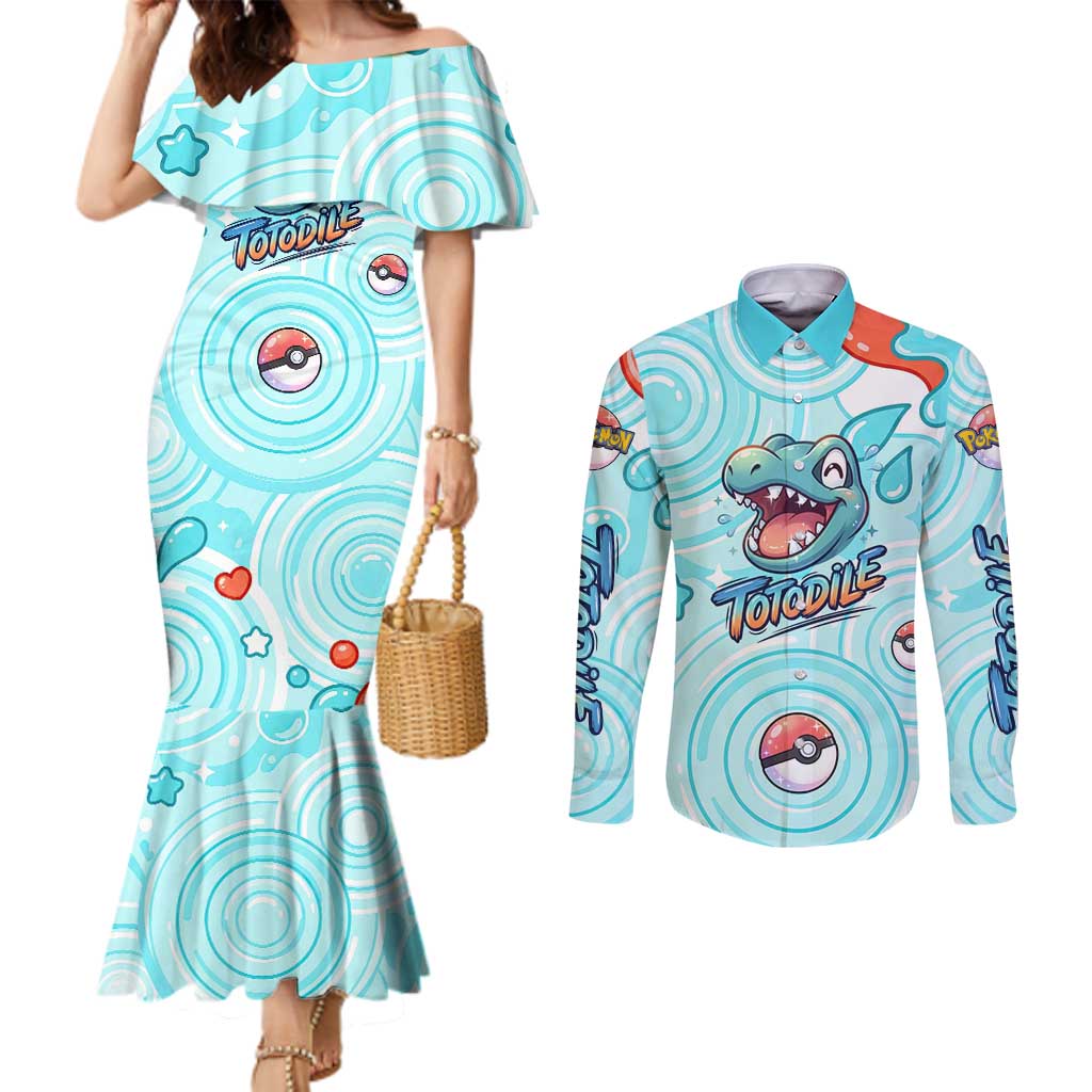 Totodile Couples Matching Mermaid Dress and Long Sleeve Button Shirt Vibrant Kawaii Splash Pop Art