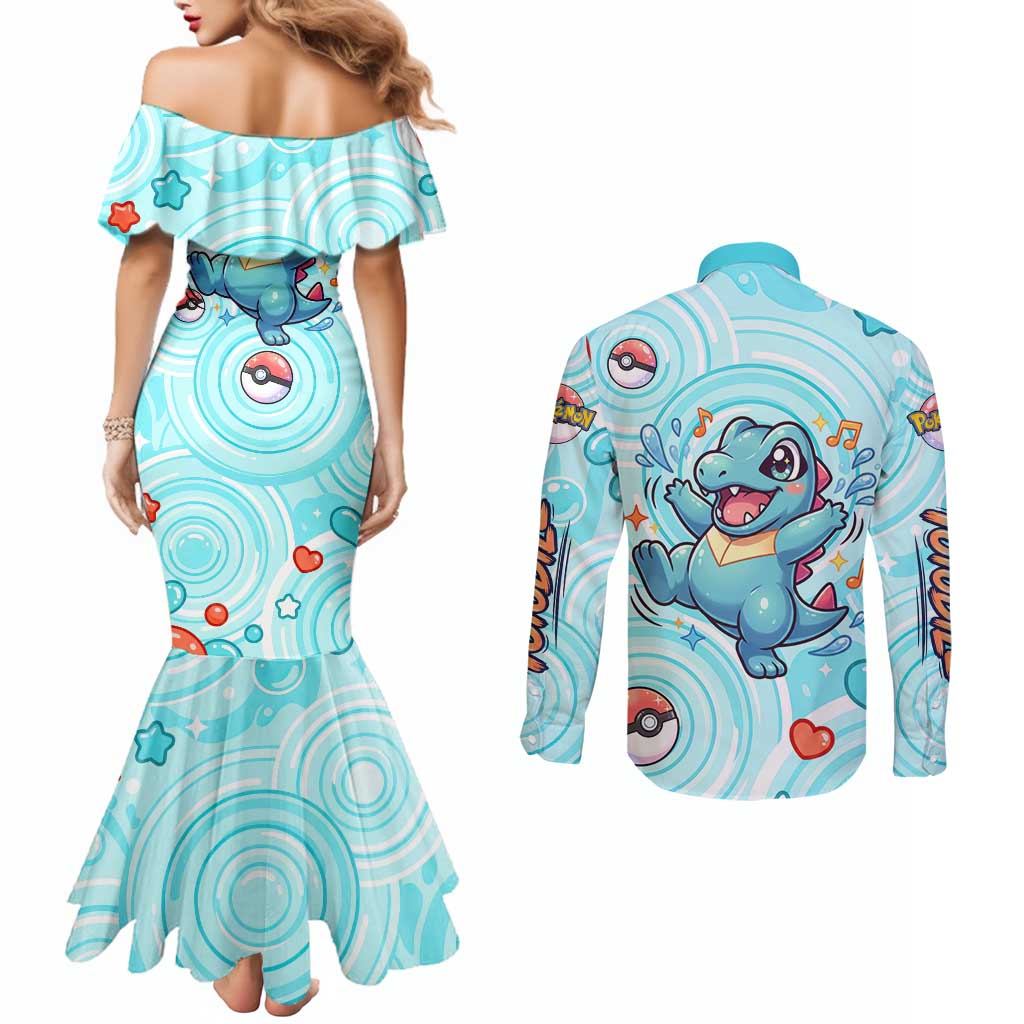 Totodile Couples Matching Mermaid Dress and Long Sleeve Button Shirt Vibrant Kawaii Splash Pop Art