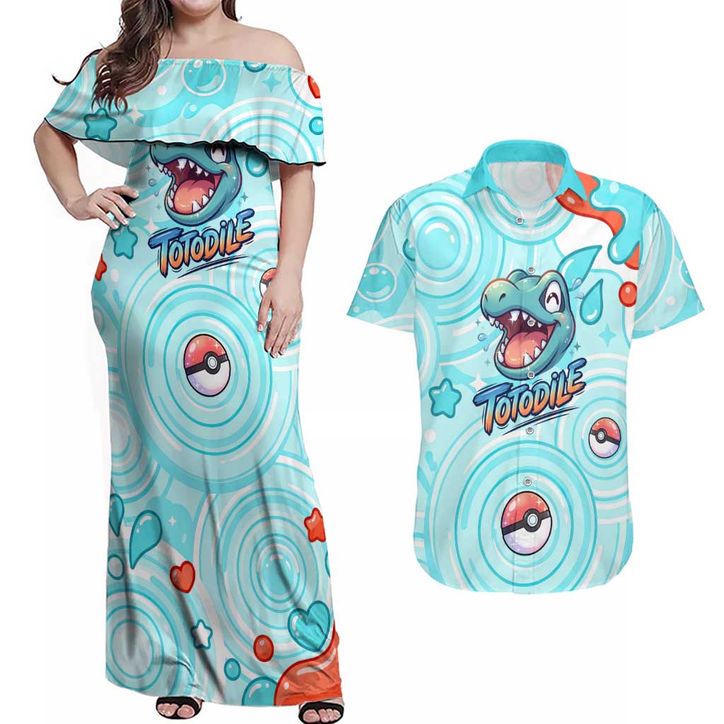 Totodile Couples Matching Off Shoulder Maxi Dress and Hawaiian Shirt Vibrant Kawaii Splash Pop Art