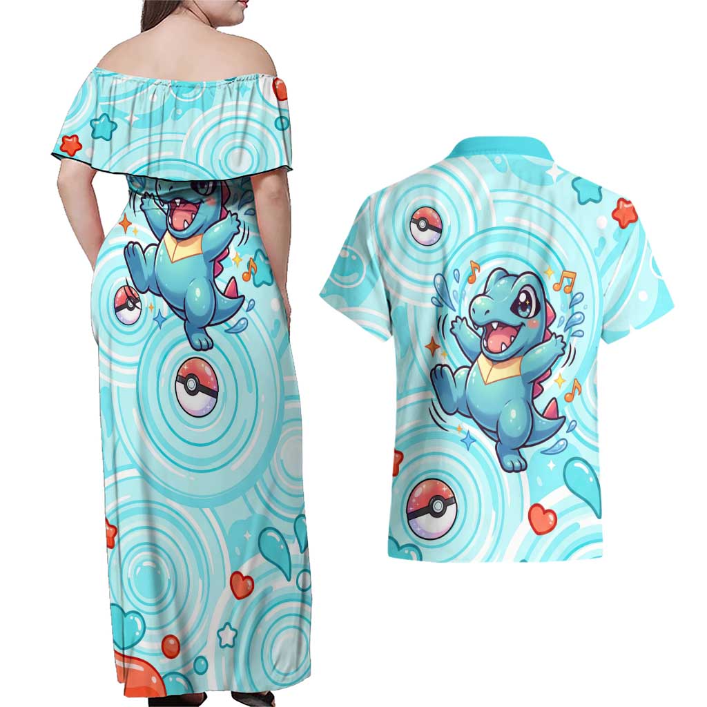 Totodile Couples Matching Off Shoulder Maxi Dress and Hawaiian Shirt Vibrant Kawaii Splash Pop Art