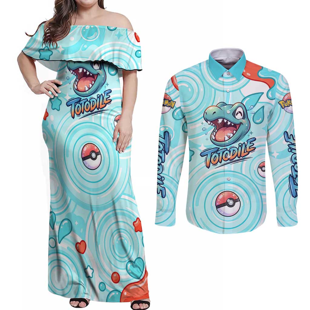 Totodile Couples Matching Off Shoulder Maxi Dress and Long Sleeve Button Shirt Vibrant Kawaii Splash Pop Art
