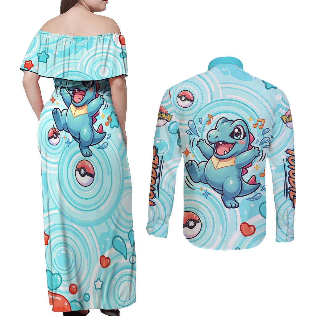 Totodile Couples Matching Off Shoulder Maxi Dress and Long Sleeve Button Shirt Vibrant Kawaii Splash Pop Art