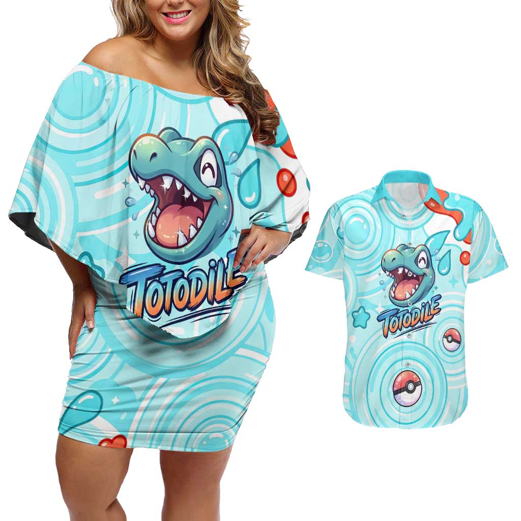 Totodile Couples Matching Off Shoulder Short Dress and Hawaiian Shirt Vibrant Kawaii Splash Pop Art