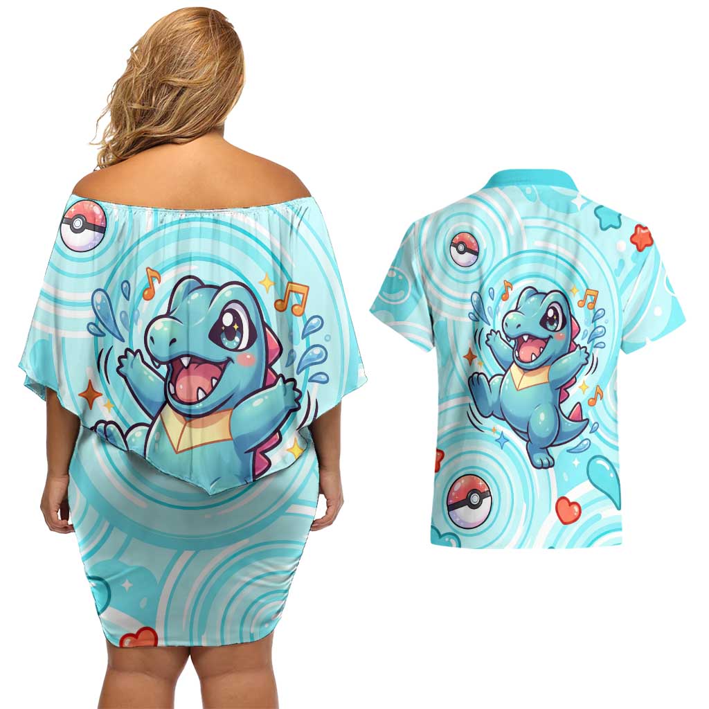 Totodile Couples Matching Off Shoulder Short Dress and Hawaiian Shirt Vibrant Kawaii Splash Pop Art