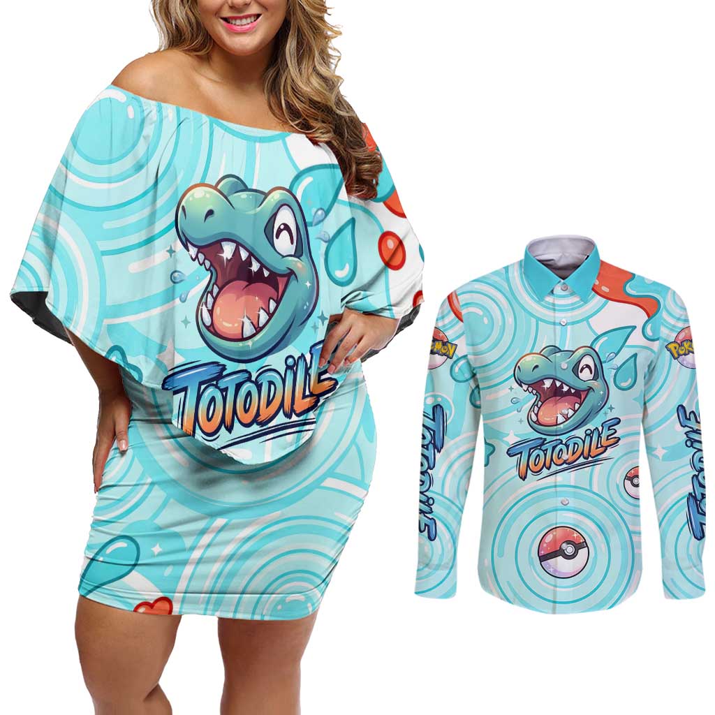 Totodile Couples Matching Off Shoulder Short Dress and Long Sleeve Button Shirt Vibrant Kawaii Splash Pop Art