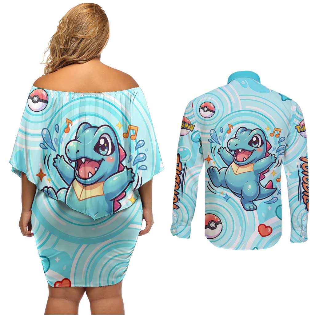 Totodile Couples Matching Off Shoulder Short Dress and Long Sleeve Button Shirt Vibrant Kawaii Splash Pop Art