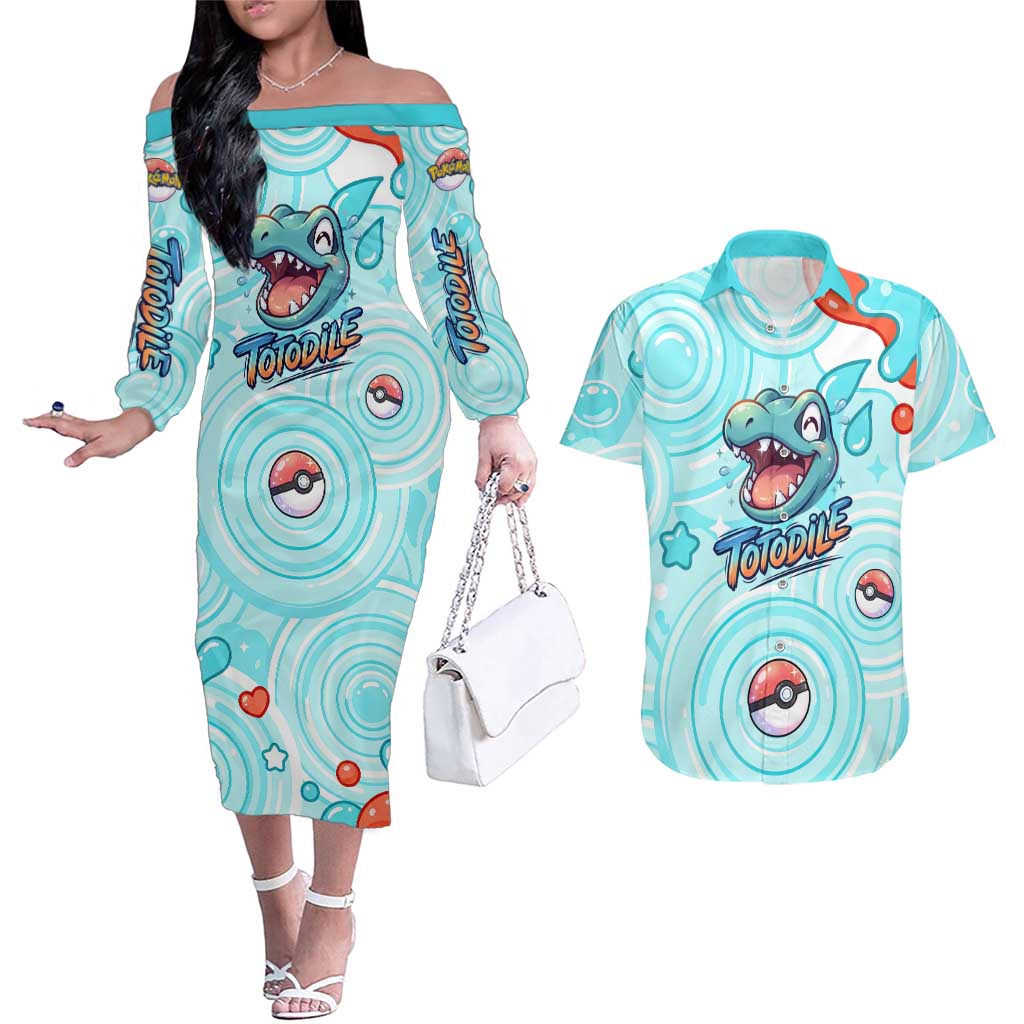 Totodile Couples Matching Off The Shoulder Long Sleeve Dress and Hawaiian Shirt Vibrant Kawaii Splash Pop Art