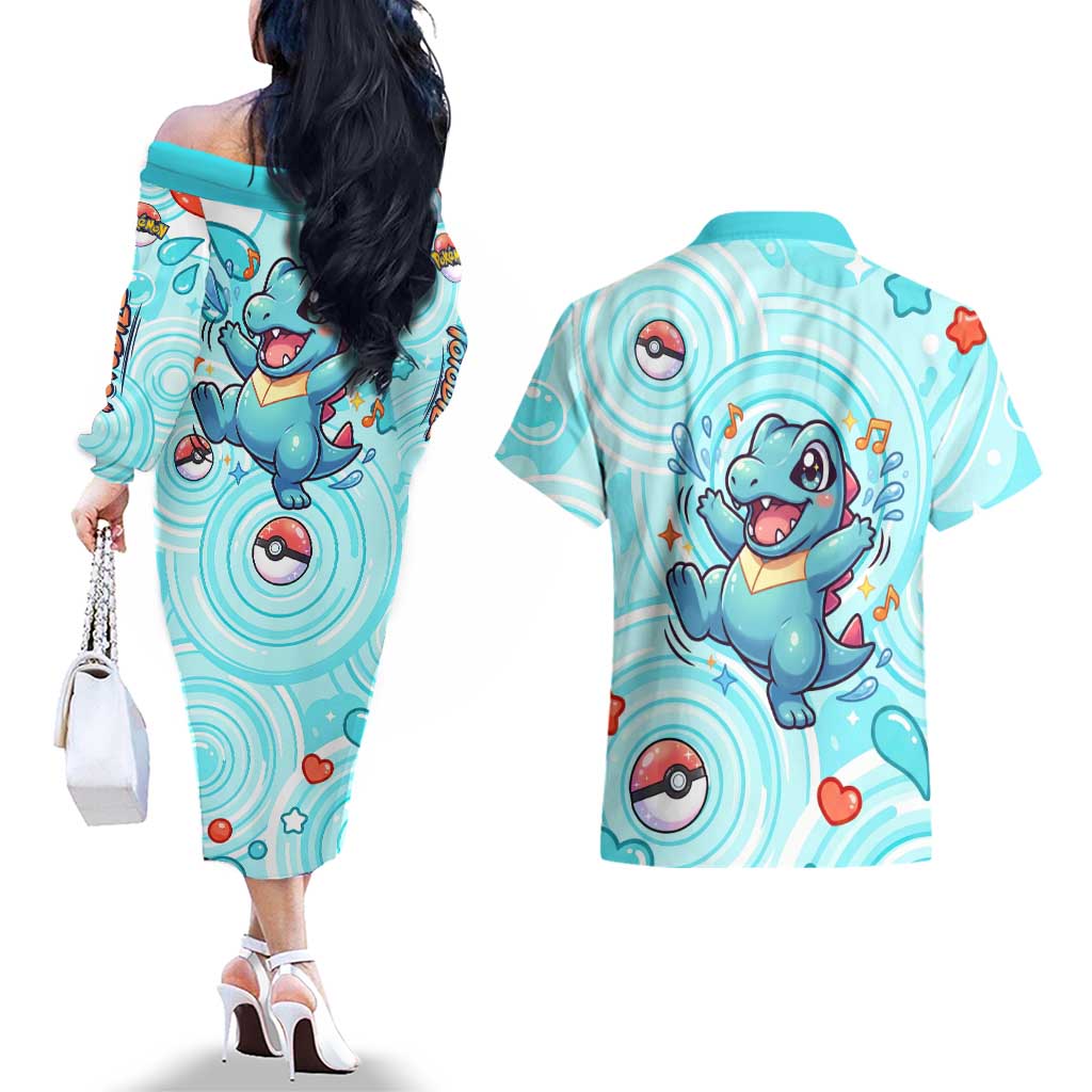 Totodile Couples Matching Off The Shoulder Long Sleeve Dress and Hawaiian Shirt Vibrant Kawaii Splash Pop Art