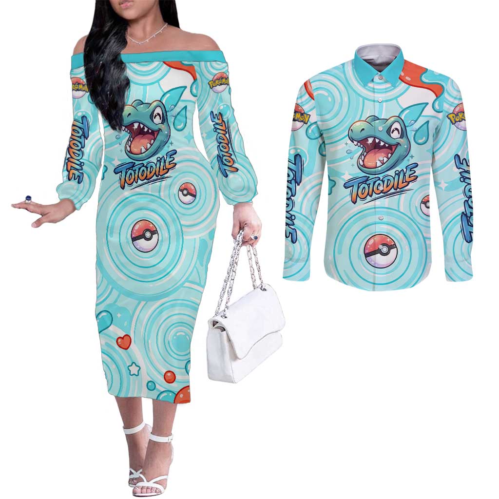 Totodile Couples Matching Off The Shoulder Long Sleeve Dress and Long Sleeve Button Shirt Vibrant Kawaii Splash Pop Art