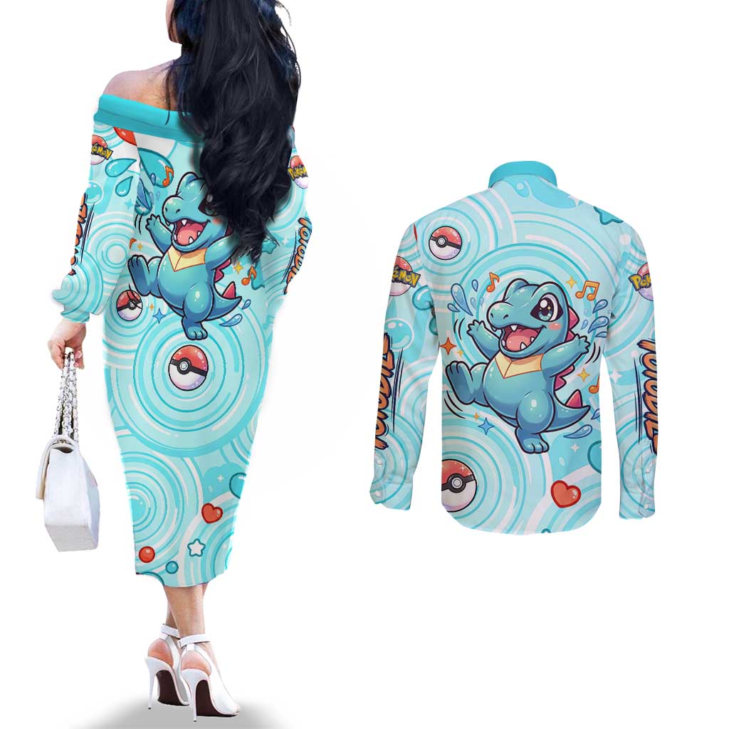 Totodile Couples Matching Off The Shoulder Long Sleeve Dress and Long Sleeve Button Shirt Vibrant Kawaii Splash Pop Art