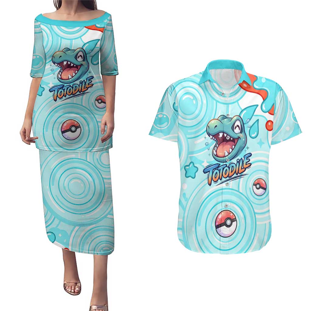 Totodile Couples Matching Puletasi and Hawaiian Shirt Vibrant Kawaii Splash Pop Art