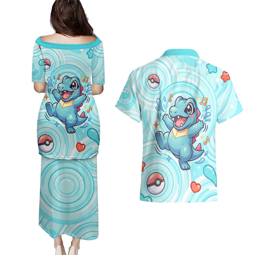 Totodile Couples Matching Puletasi and Hawaiian Shirt Vibrant Kawaii Splash Pop Art