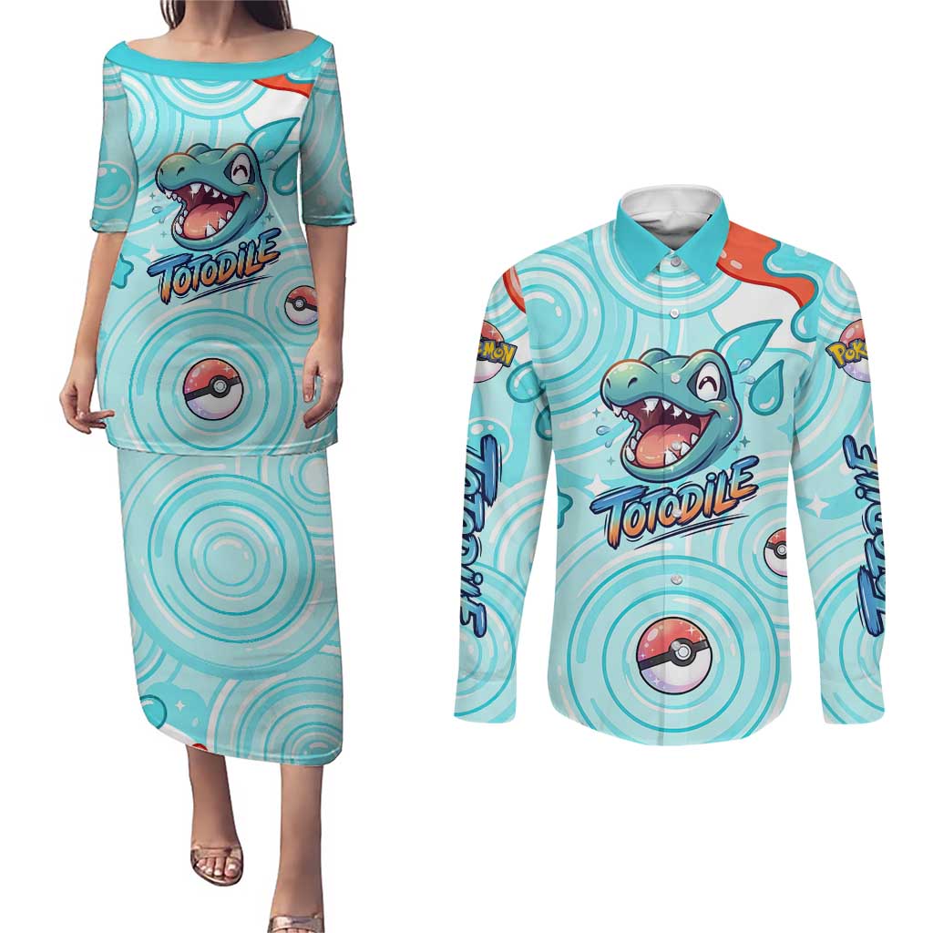 Totodile Couples Matching Puletasi and Long Sleeve Button Shirt Vibrant Kawaii Splash Pop Art