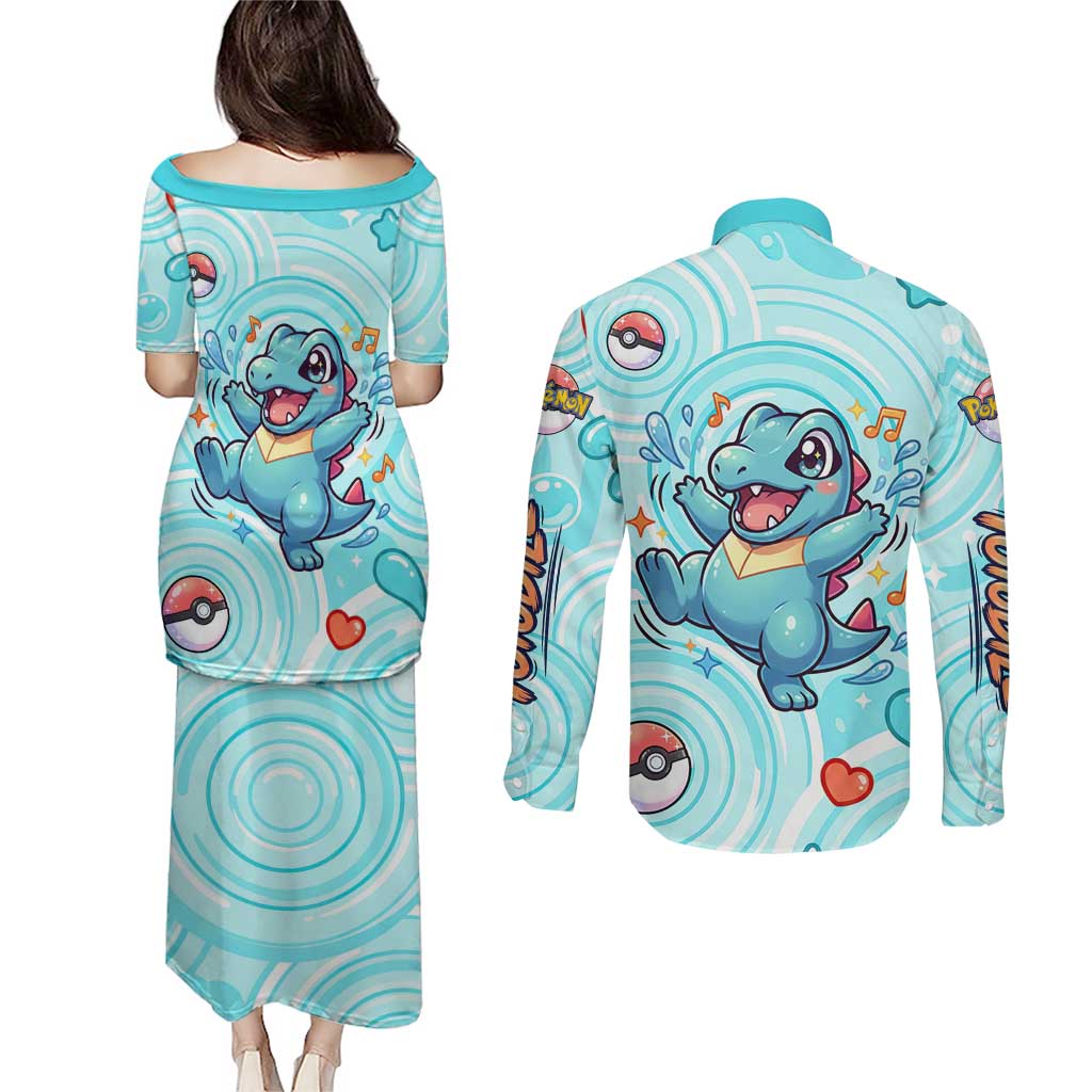 Totodile Couples Matching Puletasi and Long Sleeve Button Shirt Vibrant Kawaii Splash Pop Art