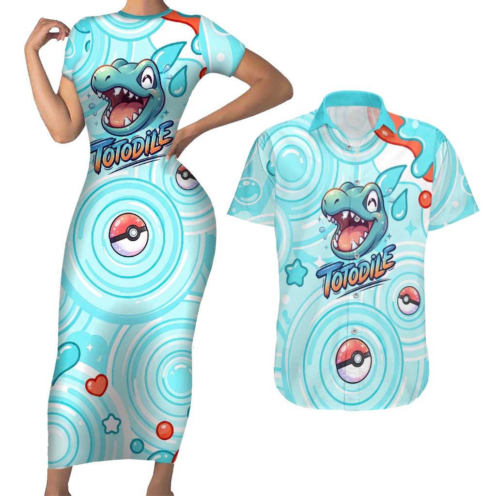 Totodile Couples Matching Short Sleeve Bodycon Dress and Hawaiian Shirt Vibrant Kawaii Splash Pop Art