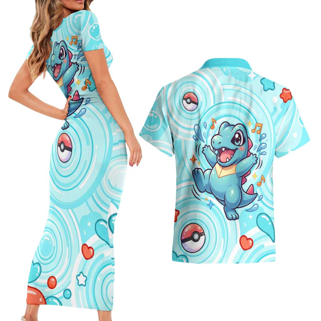 Totodile Couples Matching Short Sleeve Bodycon Dress and Hawaiian Shirt Vibrant Kawaii Splash Pop Art