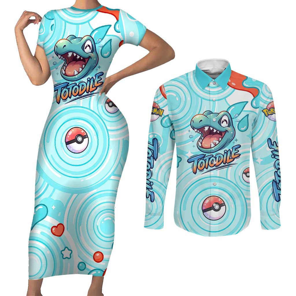 Totodile Couples Matching Short Sleeve Bodycon Dress and Long Sleeve Button Shirt Vibrant Kawaii Splash Pop Art