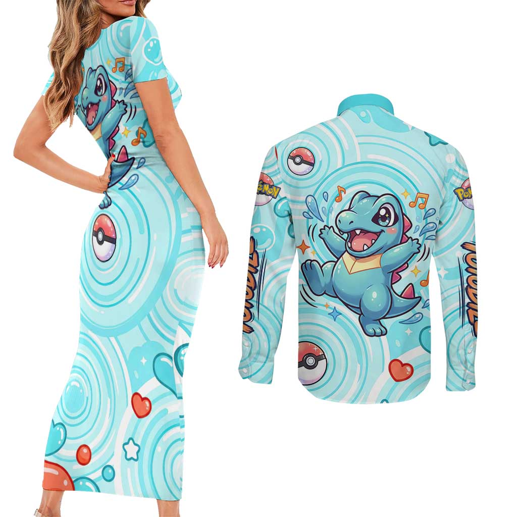Totodile Couples Matching Short Sleeve Bodycon Dress and Long Sleeve Button Shirt Vibrant Kawaii Splash Pop Art