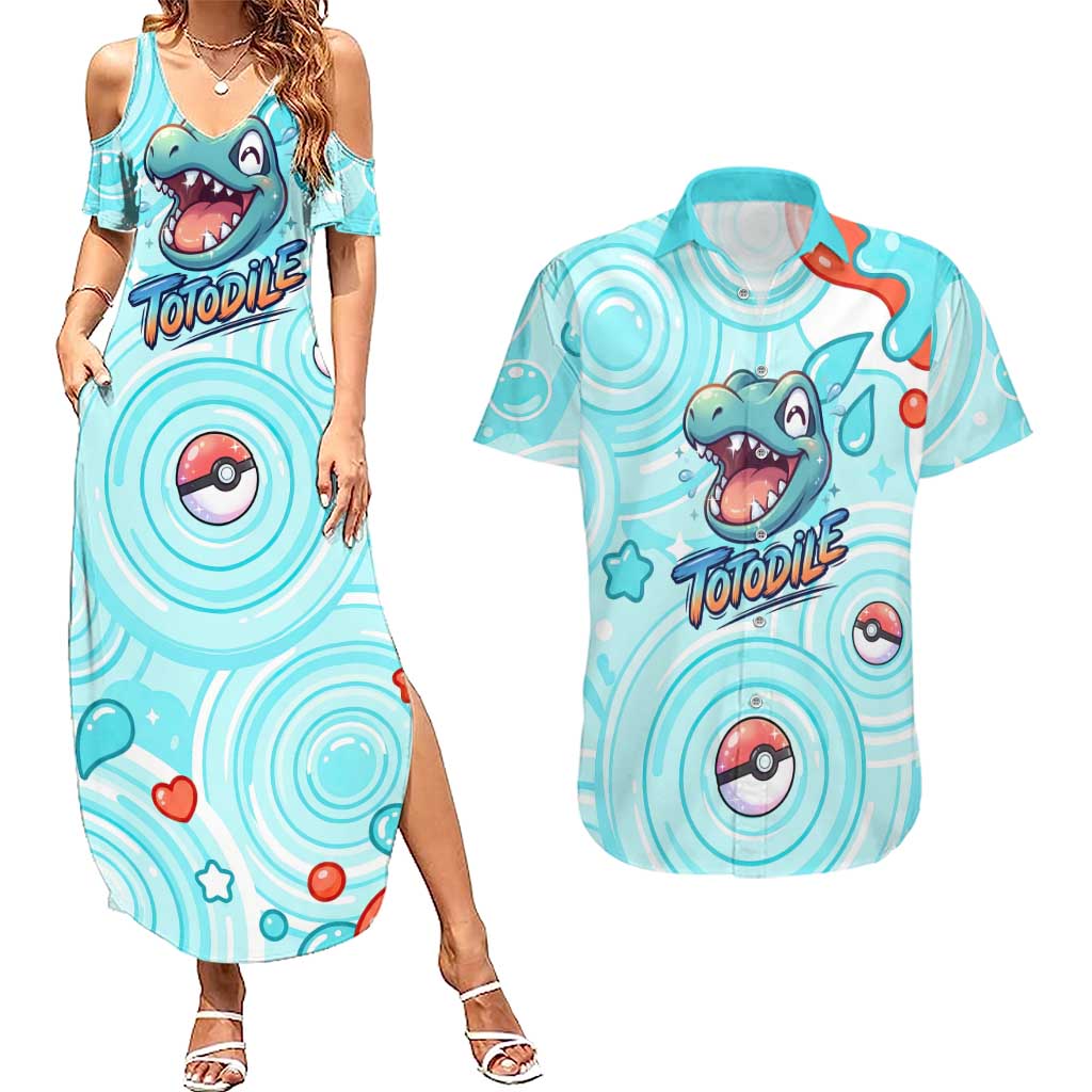 Totodile Couples Matching Summer Maxi Dress and Hawaiian Shirt Vibrant Kawaii Splash Pop Art