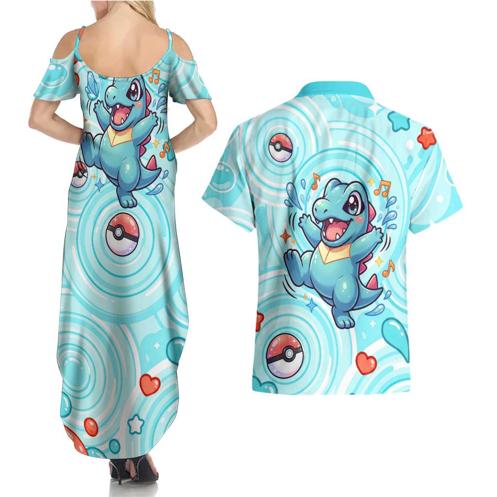 Totodile Couples Matching Summer Maxi Dress and Hawaiian Shirt Vibrant Kawaii Splash Pop Art