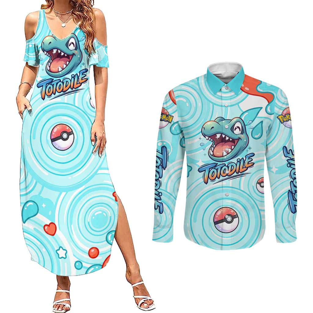 Totodile Couples Matching Summer Maxi Dress and Long Sleeve Button Shirt Vibrant Kawaii Splash Pop Art