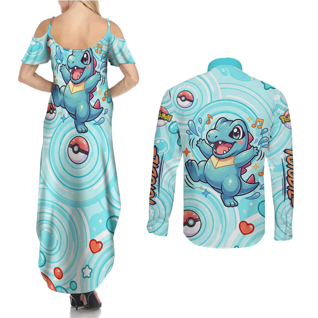Totodile Couples Matching Summer Maxi Dress and Long Sleeve Button Shirt Vibrant Kawaii Splash Pop Art