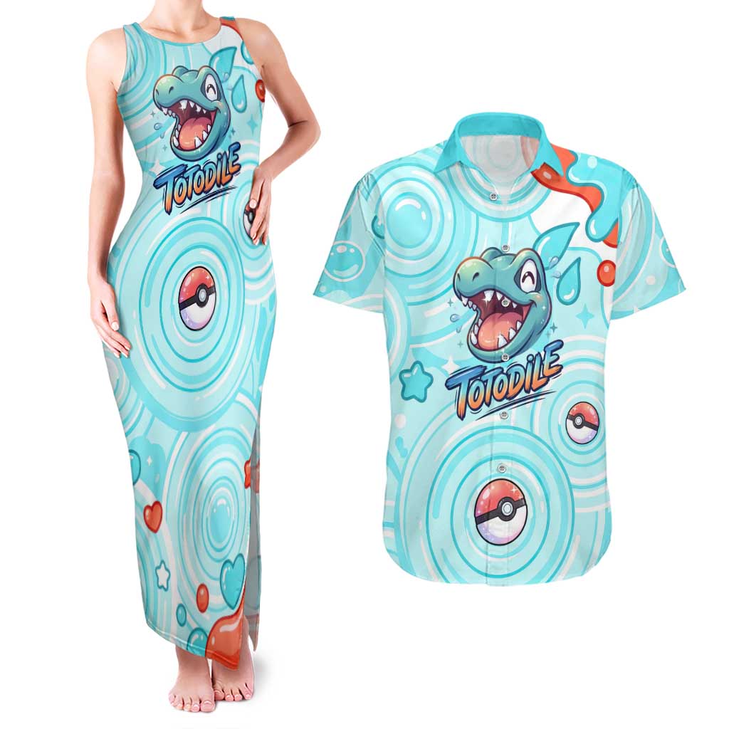 Totodile Couples Matching Tank Maxi Dress and Hawaiian Shirt Vibrant Kawaii Splash Pop Art