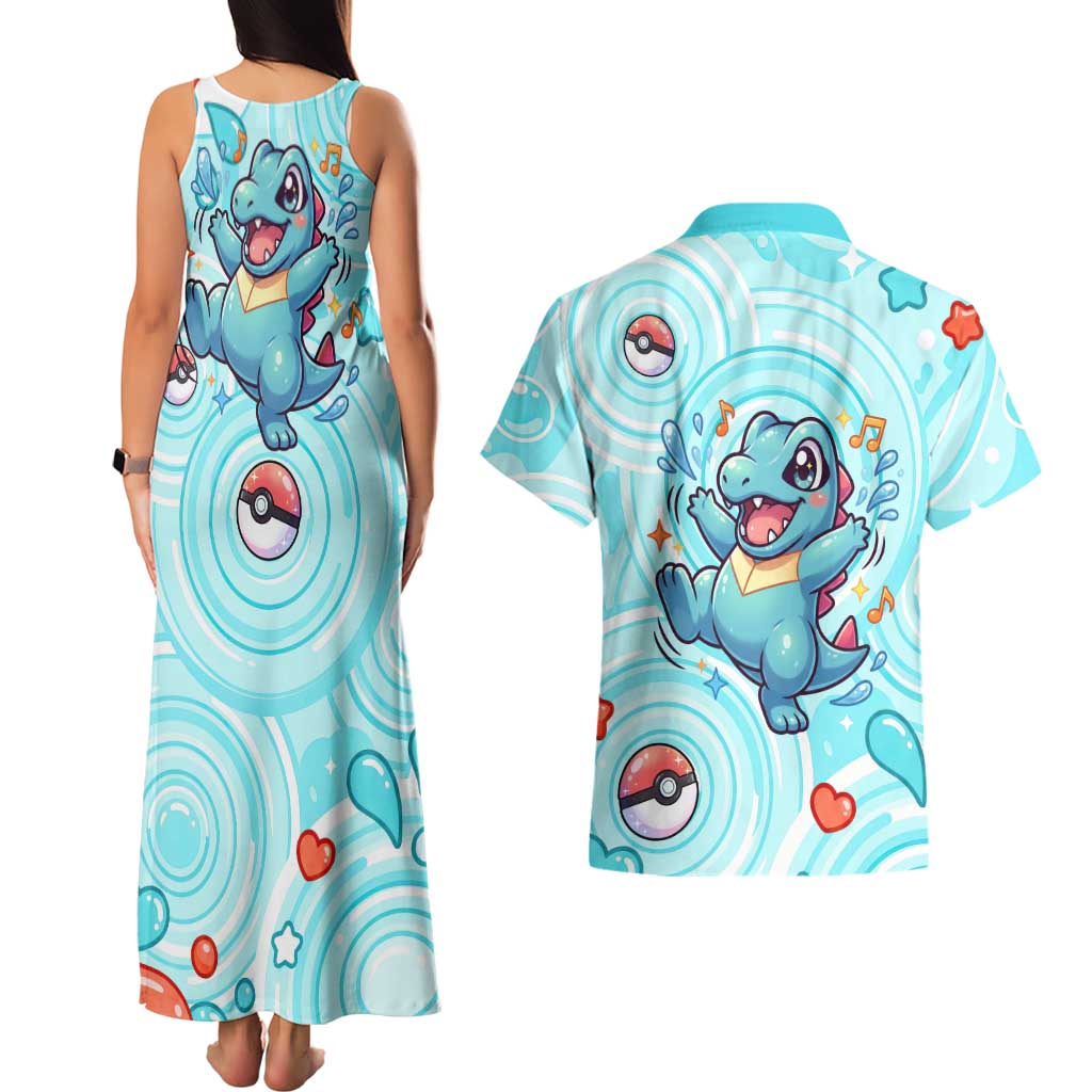 Totodile Couples Matching Tank Maxi Dress and Hawaiian Shirt Vibrant Kawaii Splash Pop Art
