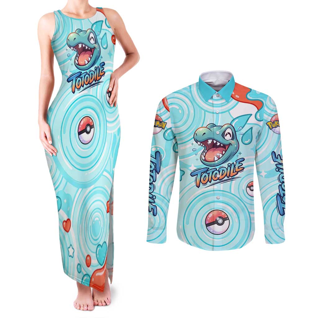 Totodile Couples Matching Tank Maxi Dress and Long Sleeve Button Shirt Vibrant Kawaii Splash Pop Art