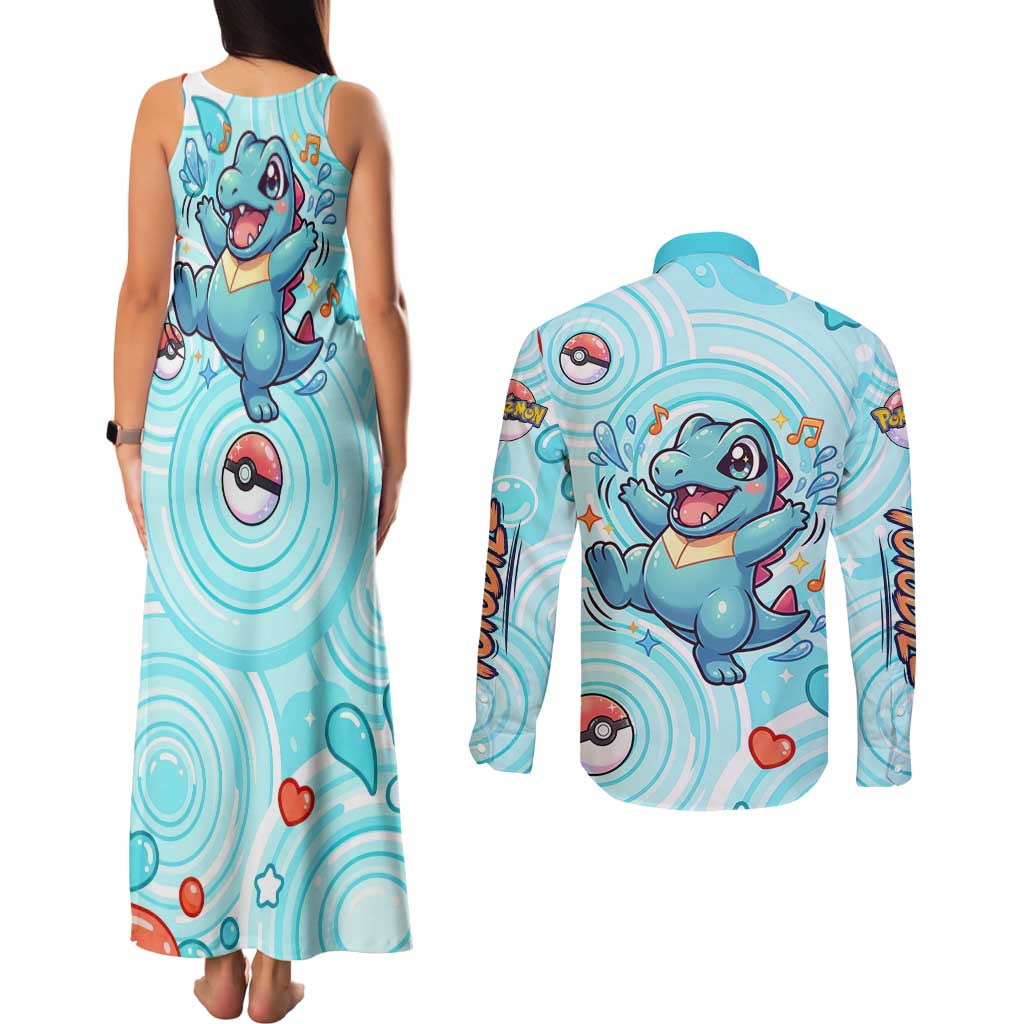 Totodile Couples Matching Tank Maxi Dress and Long Sleeve Button Shirt Vibrant Kawaii Splash Pop Art