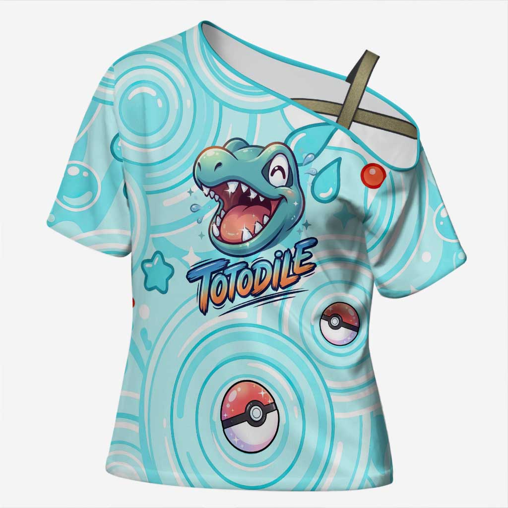 Totodile Cross Shoulder Shirt Vibrant Kawaii Splash Pop Art