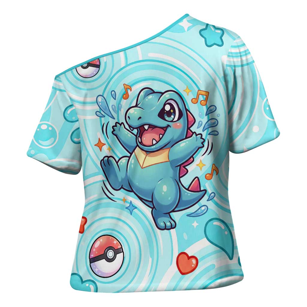 Totodile Cross Shoulder Shirt Vibrant Kawaii Splash Pop Art