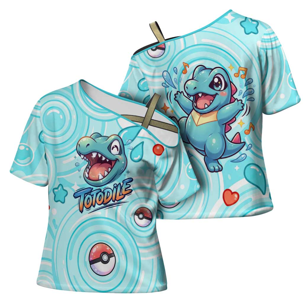 Totodile Cross Shoulder Shirt Vibrant Kawaii Splash Pop Art