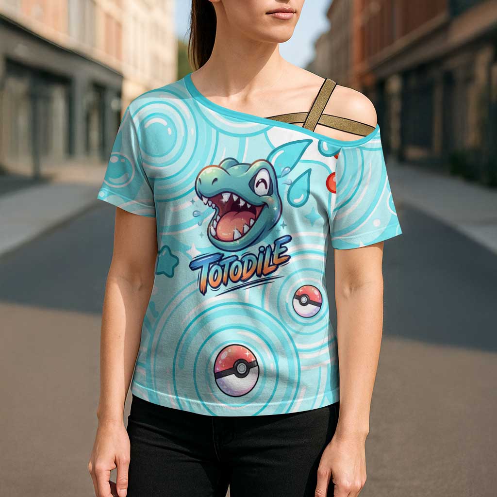 Totodile Cross Shoulder Shirt Vibrant Kawaii Splash Pop Art