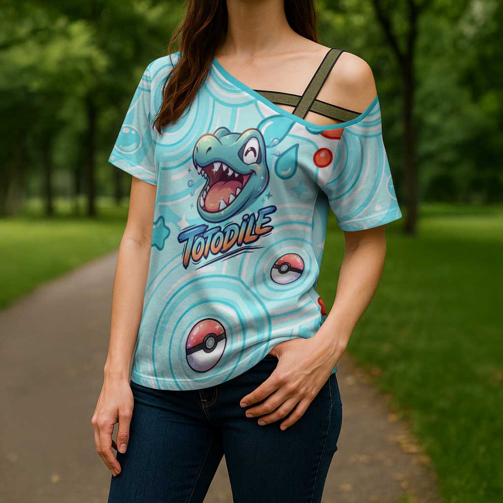 Totodile Cross Shoulder Shirt Vibrant Kawaii Splash Pop Art