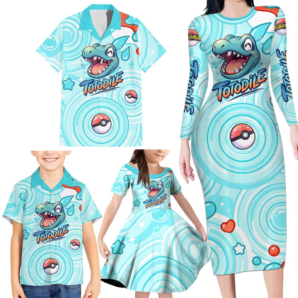 Totodile Family Matching Long Sleeve Bodycon Dress and Hawaiian Shirt Vibrant Kawaii Splash Pop Art