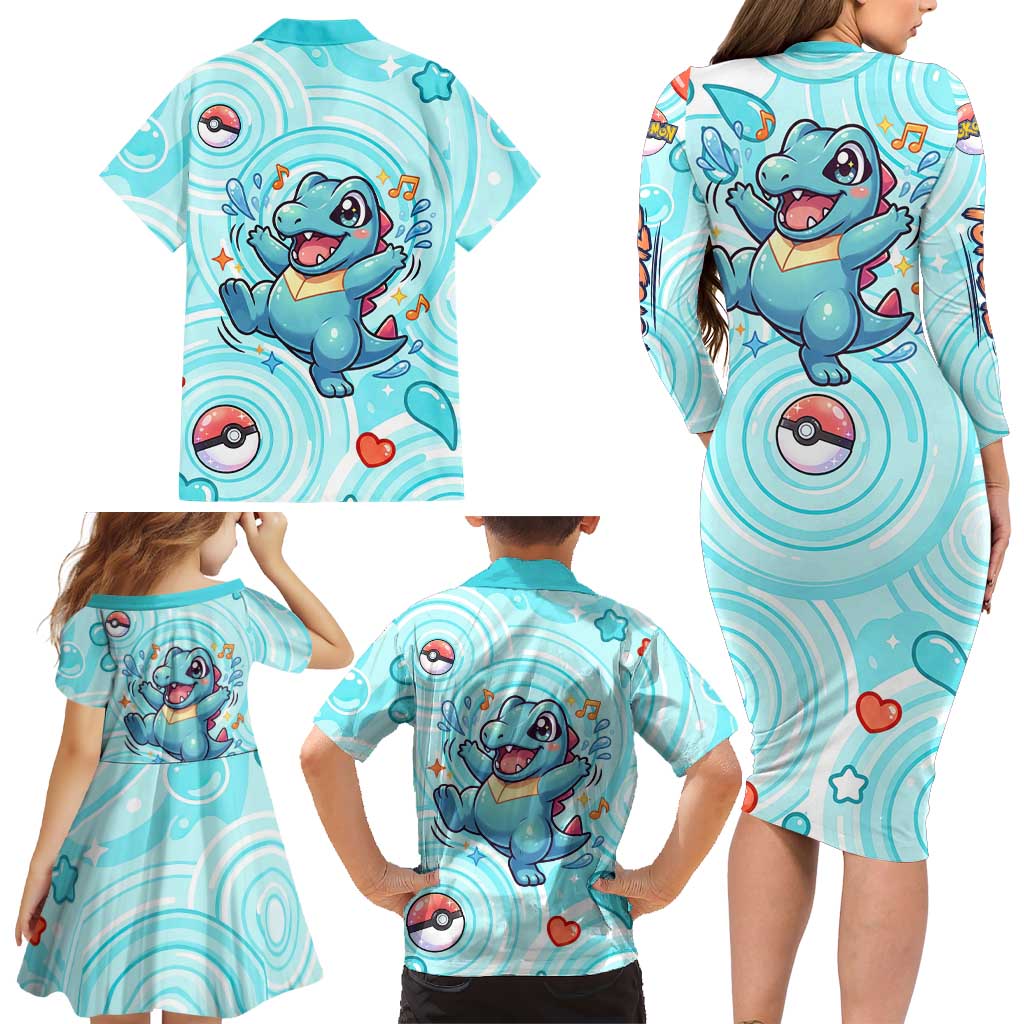 Totodile Family Matching Long Sleeve Bodycon Dress and Hawaiian Shirt Vibrant Kawaii Splash Pop Art