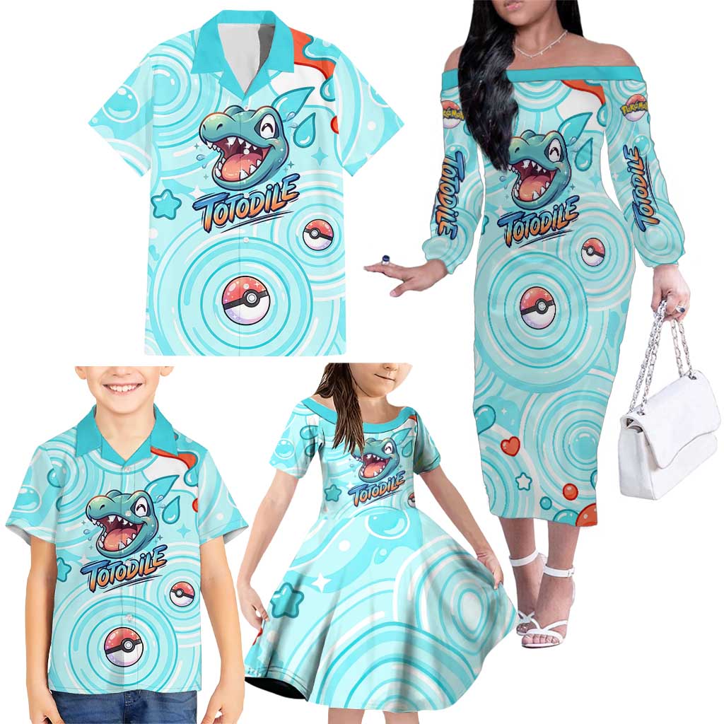 Totodile Family Matching Off The Shoulder Long Sleeve Dress and Hawaiian Shirt Vibrant Kawaii Splash Pop Art