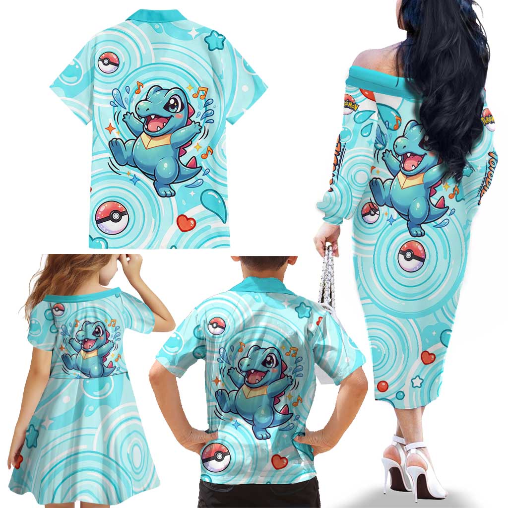 Totodile Family Matching Off The Shoulder Long Sleeve Dress and Hawaiian Shirt Vibrant Kawaii Splash Pop Art