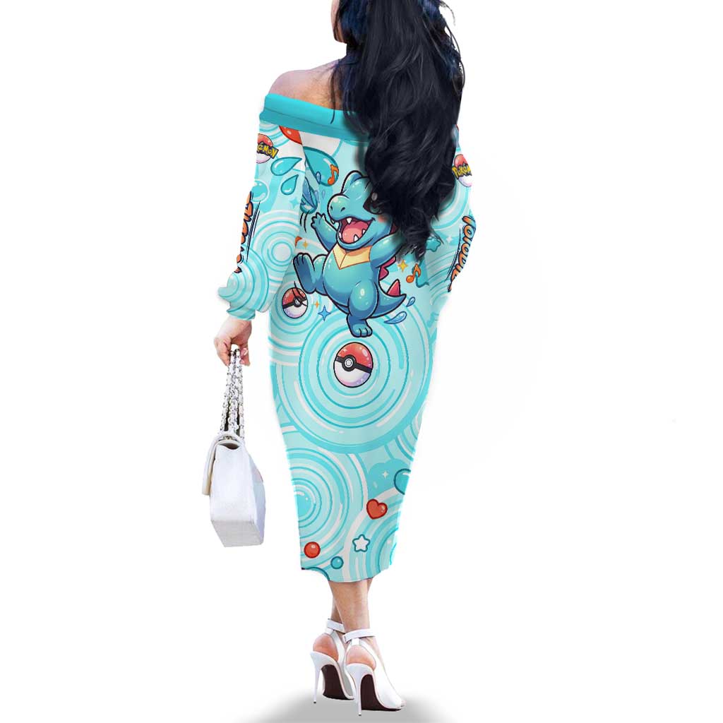 Totodile Family Matching Off The Shoulder Long Sleeve Dress and Hawaiian Shirt Vibrant Kawaii Splash Pop Art