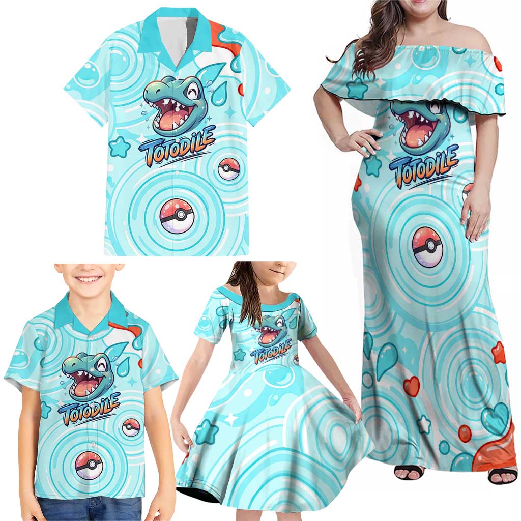 Totodile Family Matching Off Shoulder Maxi Dress and Hawaiian Shirt Vibrant Kawaii Splash Pop Art
